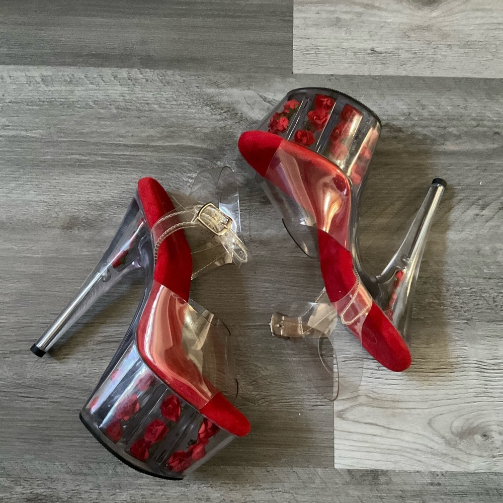 Pleaser Clear and Red Rose Heels